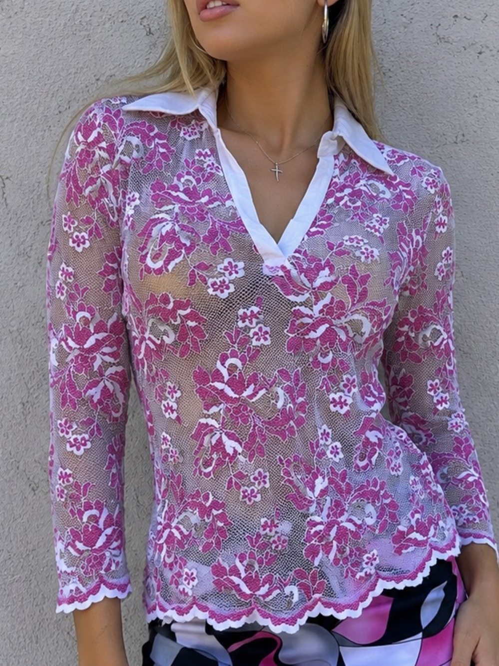 Y2K Vintage Cache Sheer Pink and White Floral Lace Collared fitted Top size M